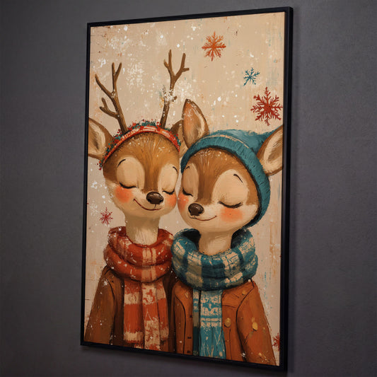 Adorable Reindeer Canvas Print for Kids' Rooms shown in black floating frame