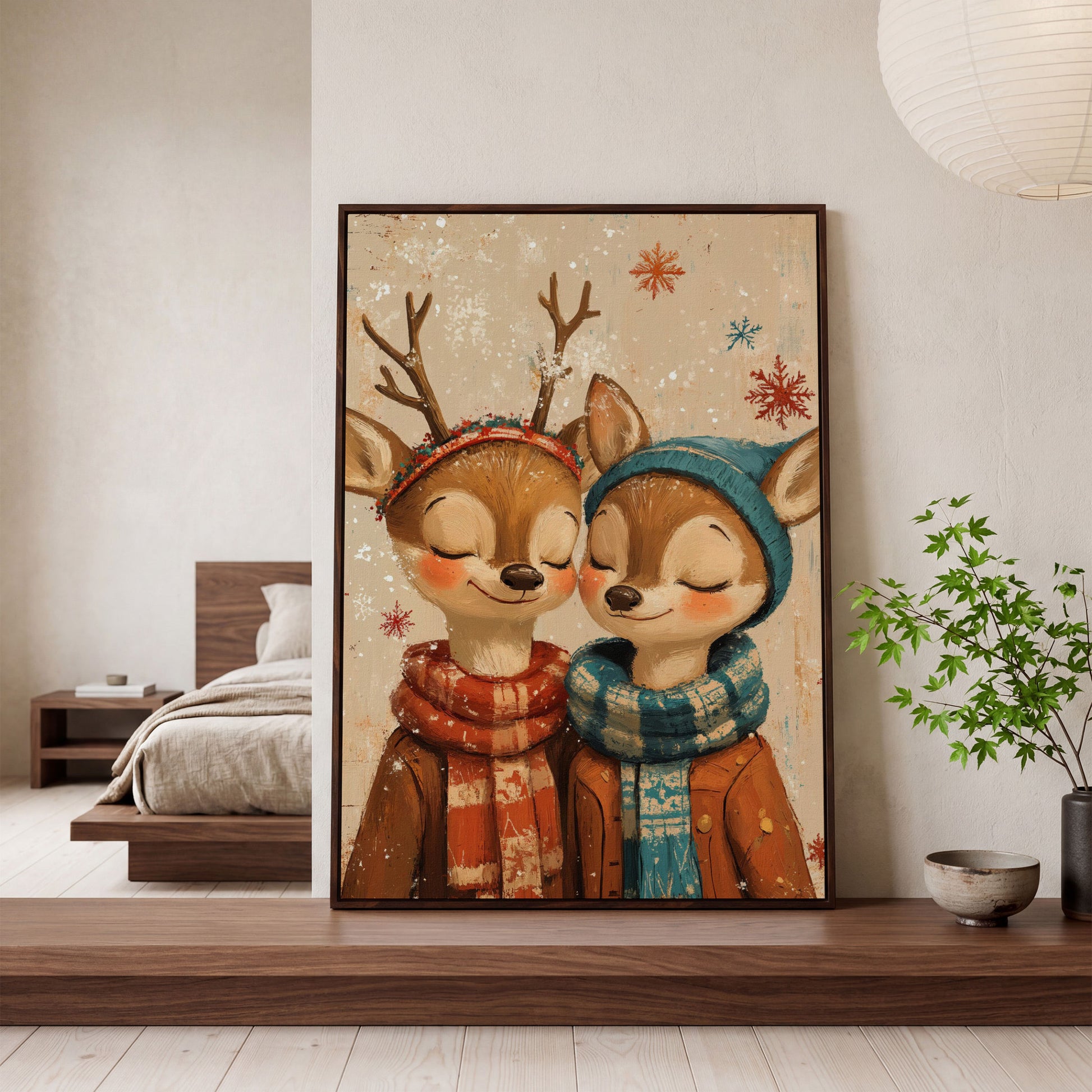 Adorable Reindeer Canvas Print for Kids' Rooms in dark walnut floating frame