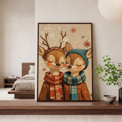 Adorable Reindeer Canvas Print for Kids' Rooms in dark walnut floating frame