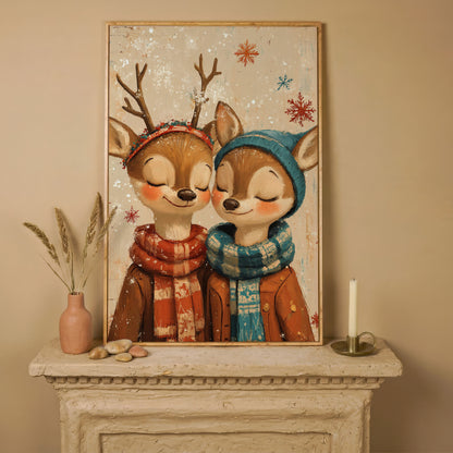 Adorable Reindeer Canvas Print for Kids' Rooms in white oak floating frame