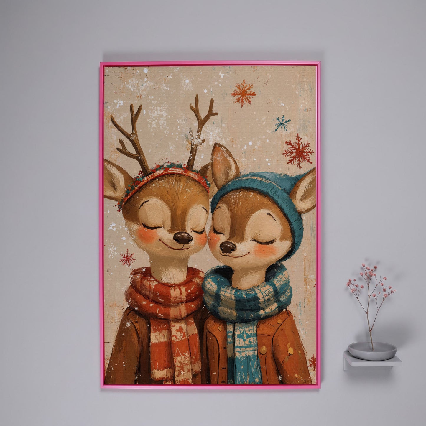 Adorable Reindeer Canvas Print for Kids' Rooms in pink floating frame