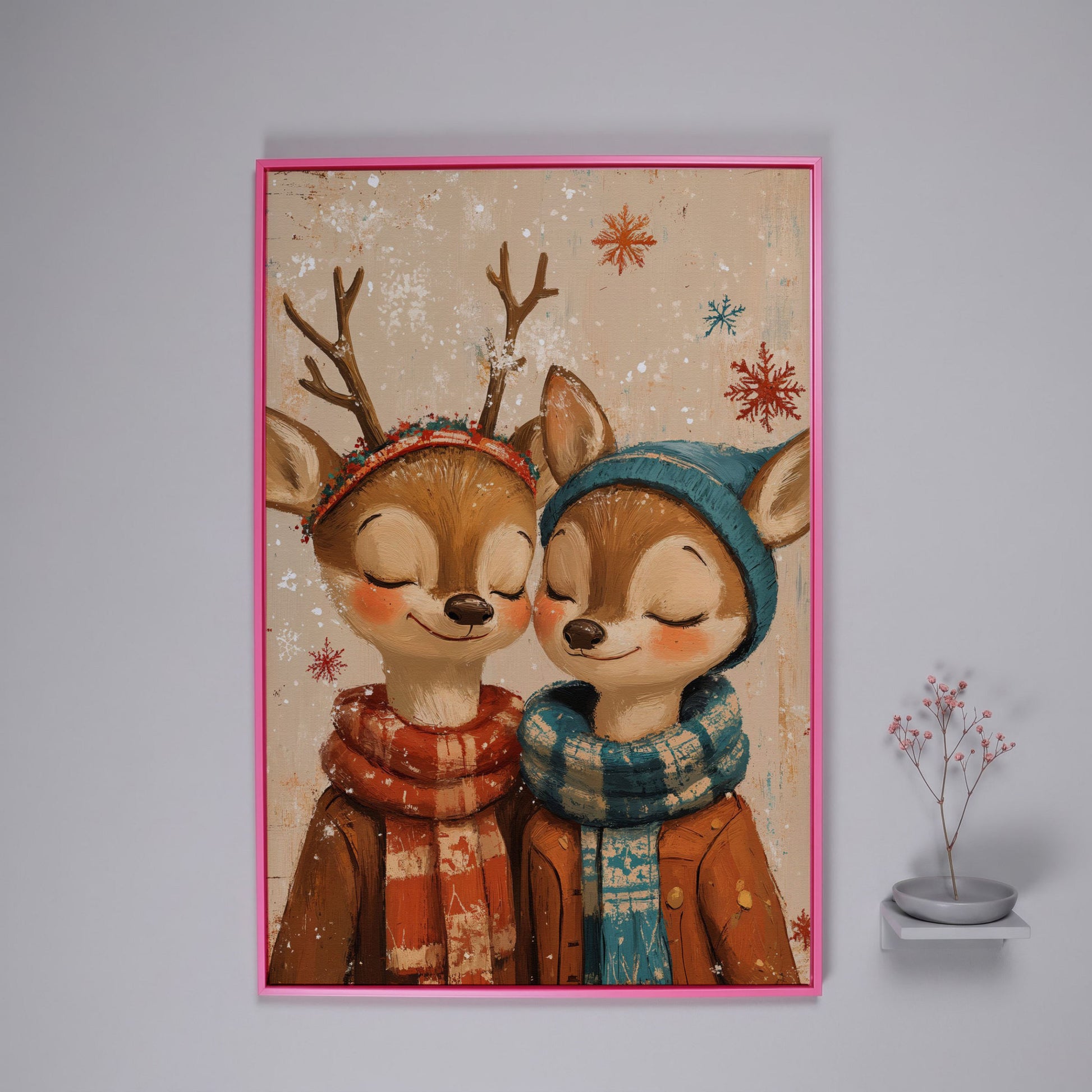 Adorable Reindeer Canvas Print for Kids' Rooms in pink floating frame