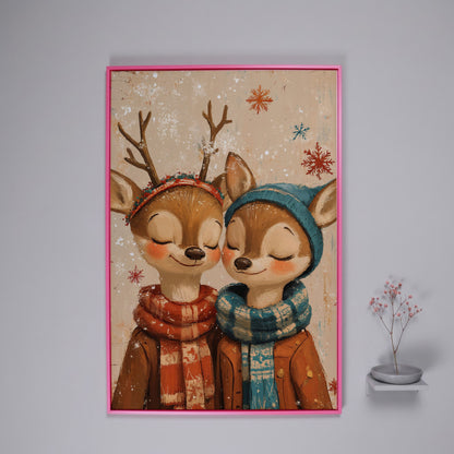 Adorable Reindeer Canvas Print for Kids' Rooms in pink floating frame