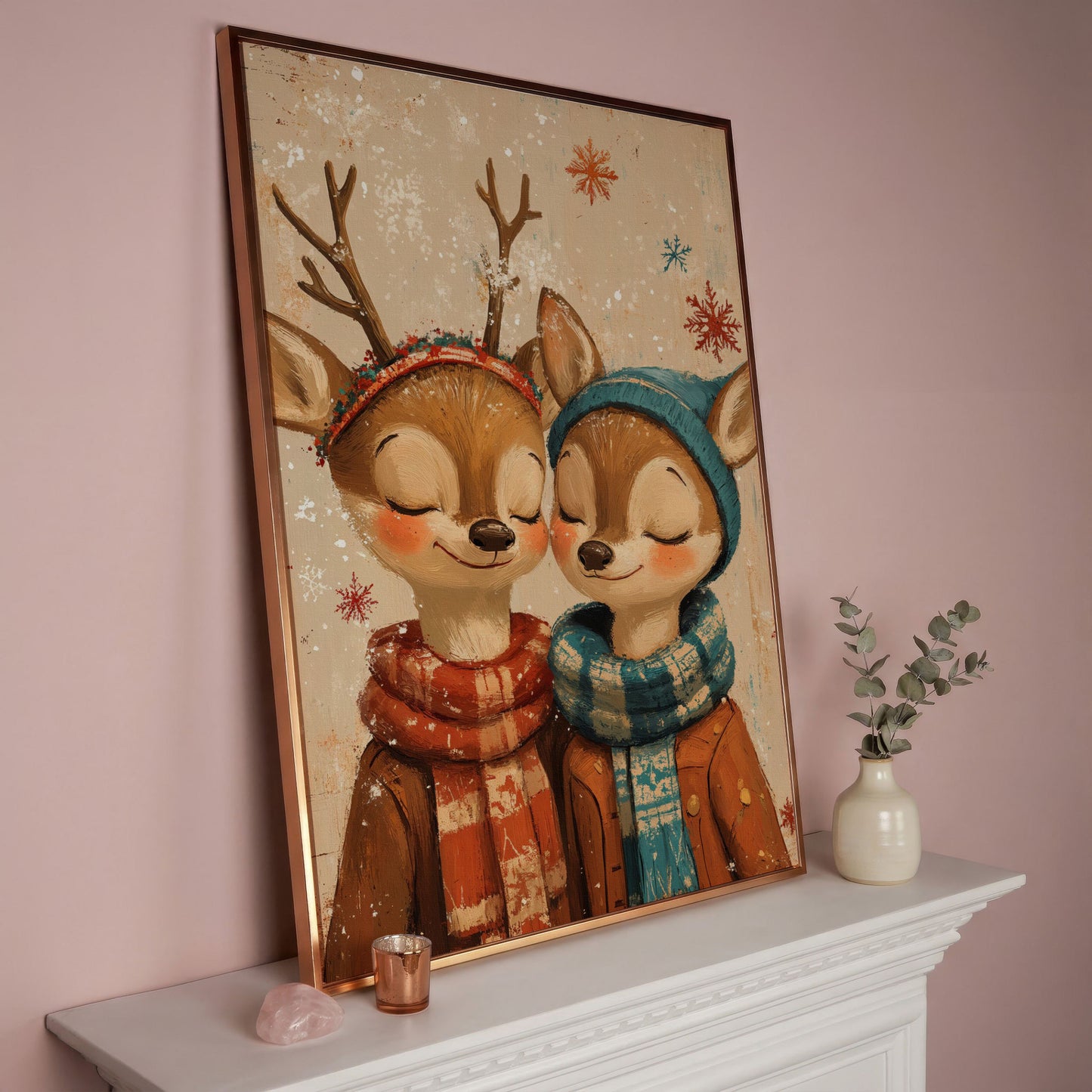 Adorable Reindeer Canvas Print for Kids' Rooms in rose gold floating frame