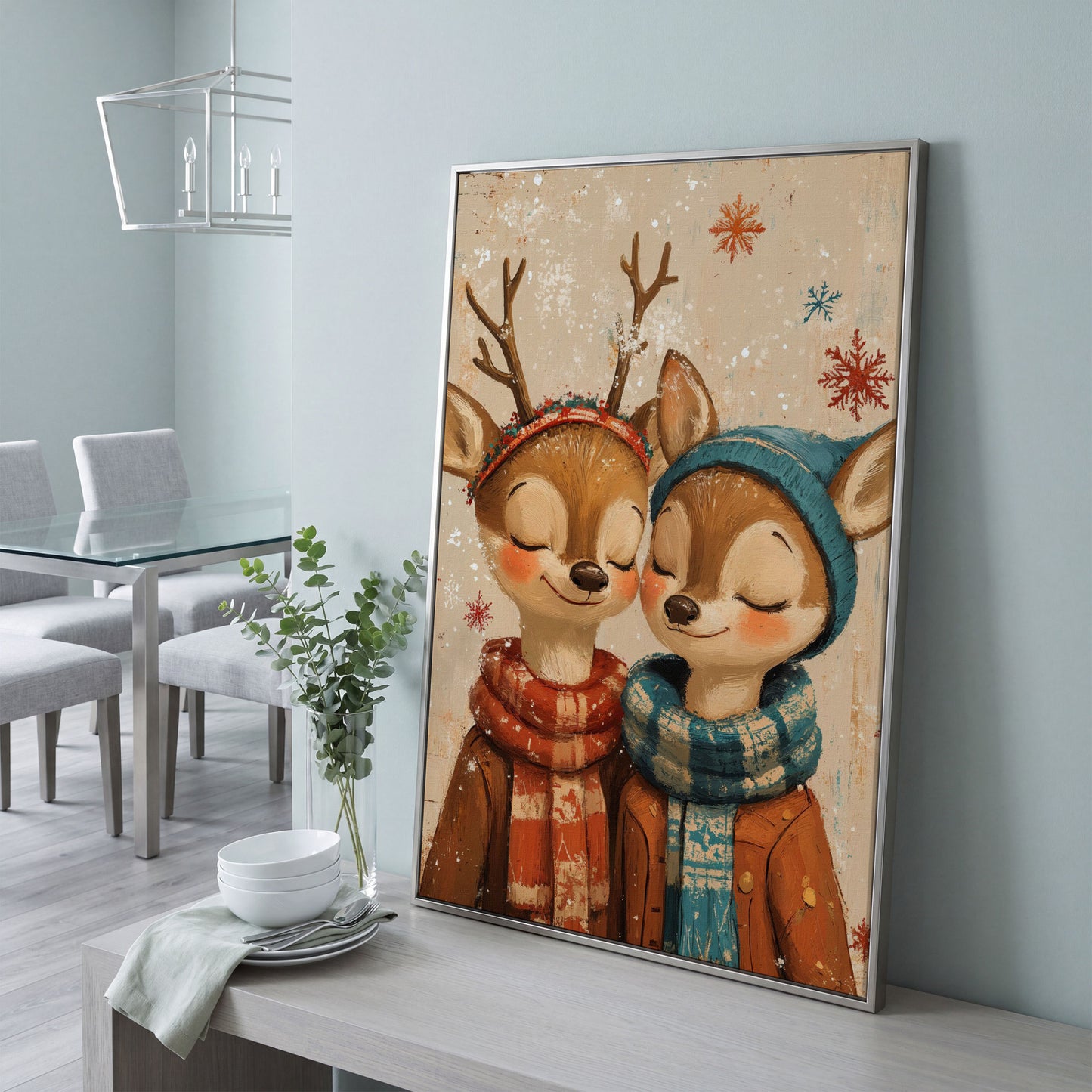 Adorable Reindeer Canvas Print for Kids' Rooms in silver floating frame