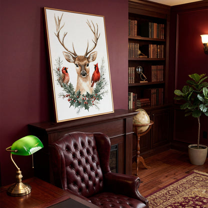 Reindeer with Red Cardinals Canvas Print in antique gold floating frame