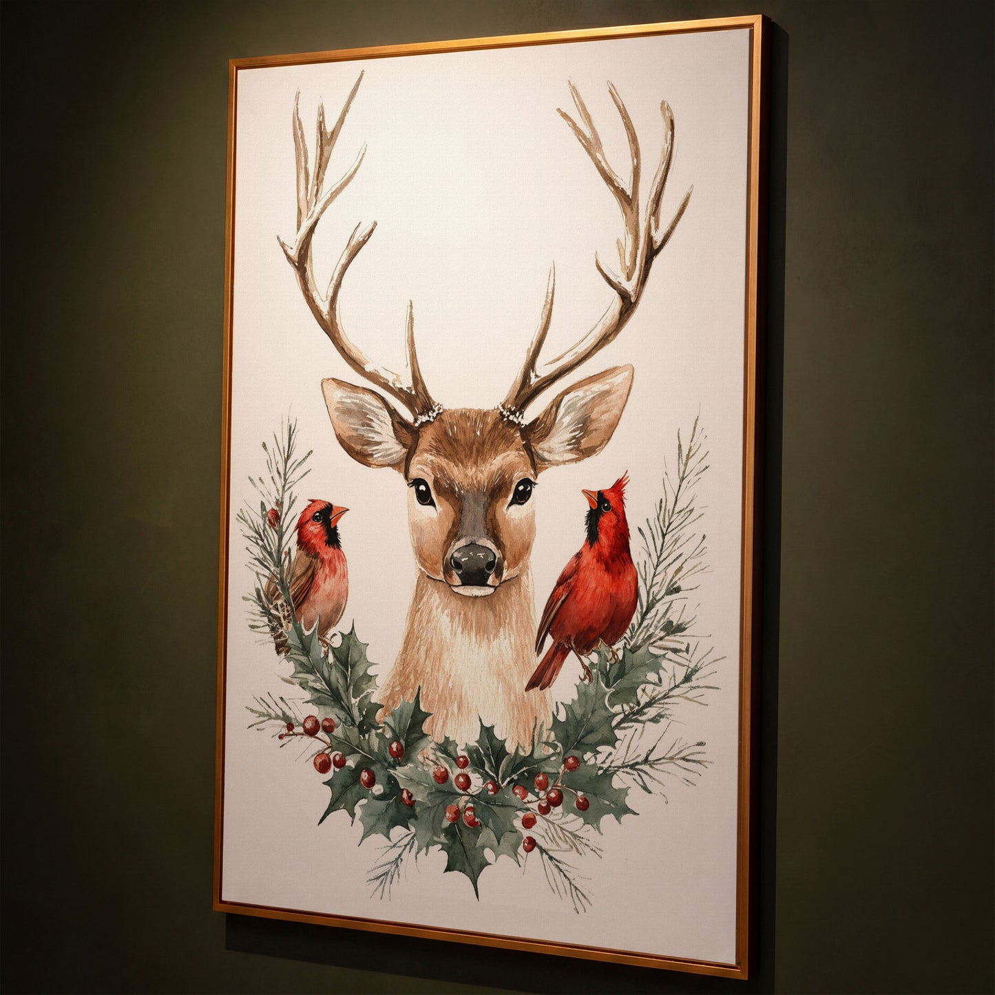 Reindeer with Red Cardinals Canvas Print shown in antique gold floating frame