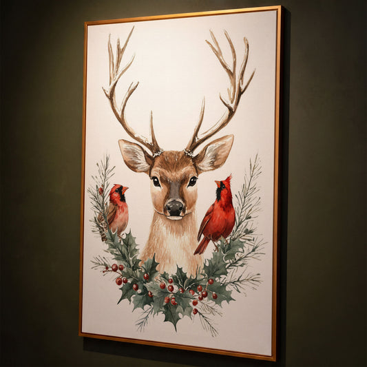 Reindeer with Red Cardinals Canvas Print shown in antique gold floating frame