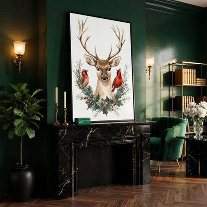Reindeer with Red Cardinals Canvas Print in black floating frame