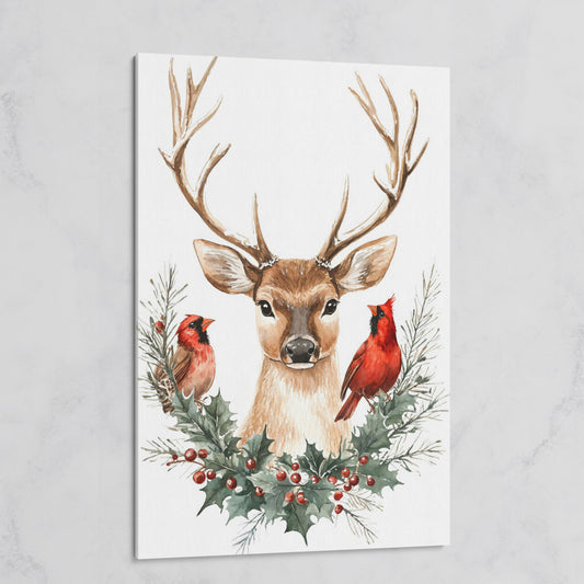 Reindeer with Red Cardinals Canvas Print on gallery wrap