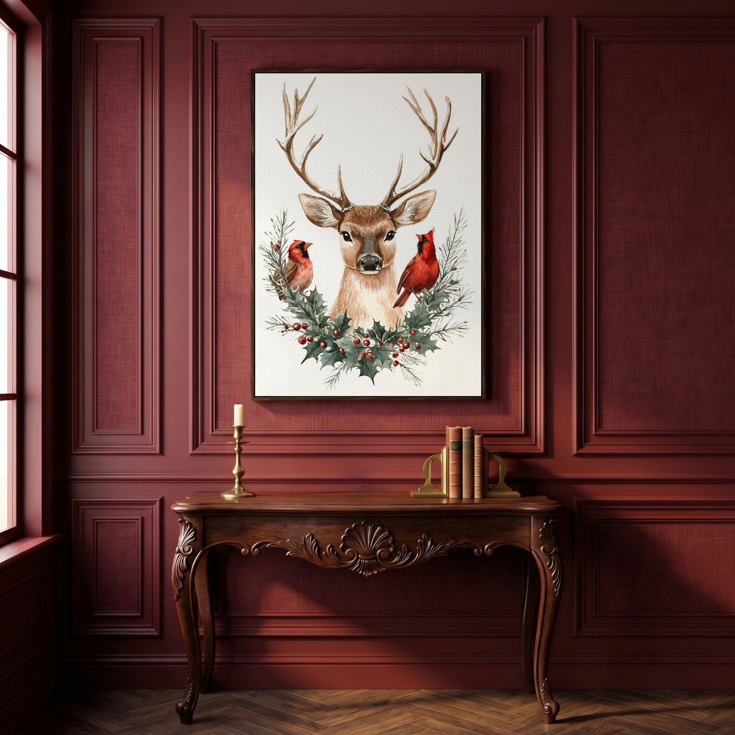 Reindeer with Red Cardinals Canvas Print in dark walnut floating frame