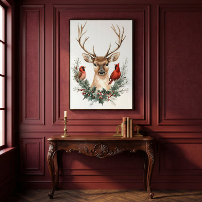 Reindeer with Red Cardinals Canvas Print in dark walnut floating frame