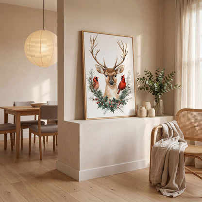 Reindeer with Red Cardinals Canvas Print in white oak floating frame