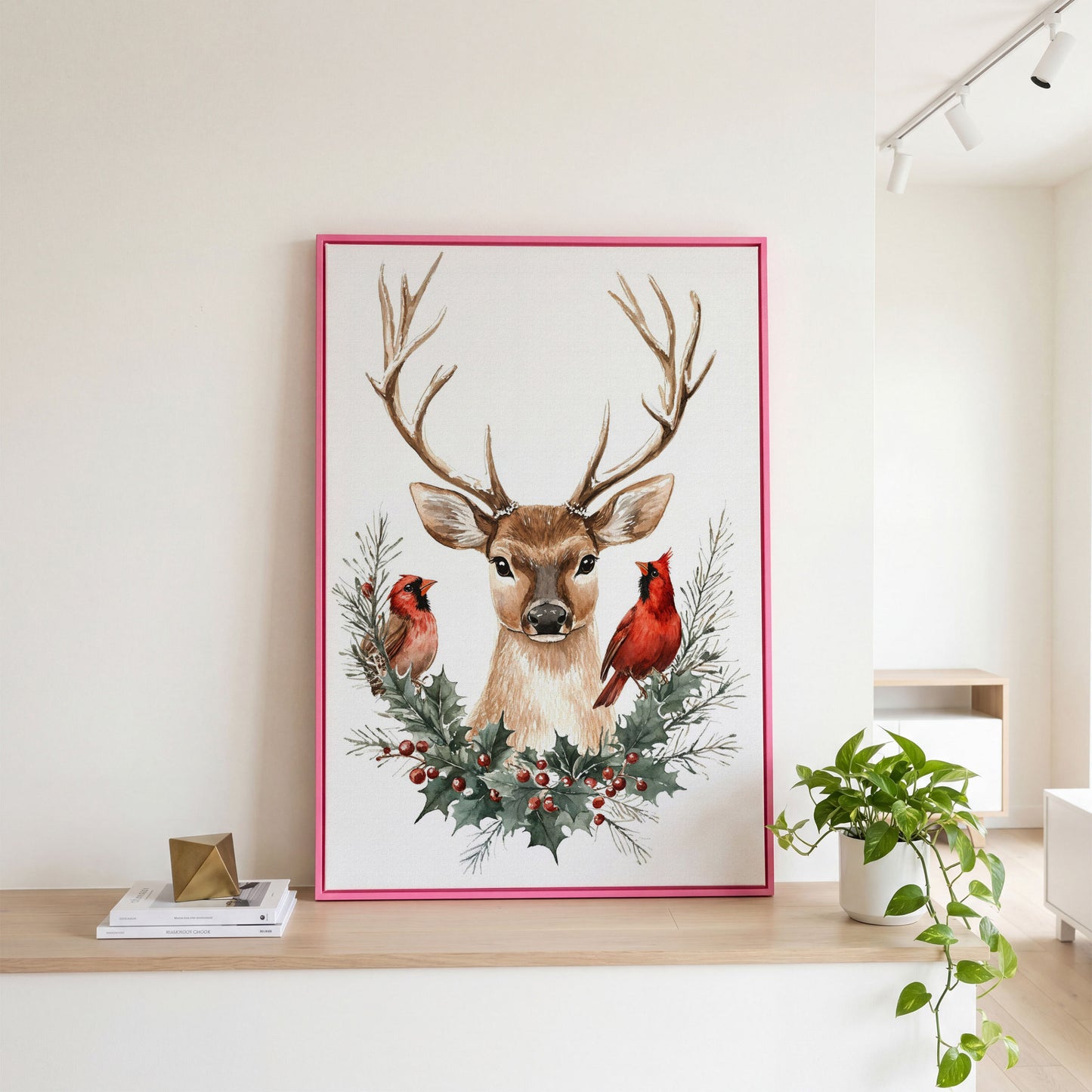 Reindeer with Red Cardinals Canvas Print in pink floating frame