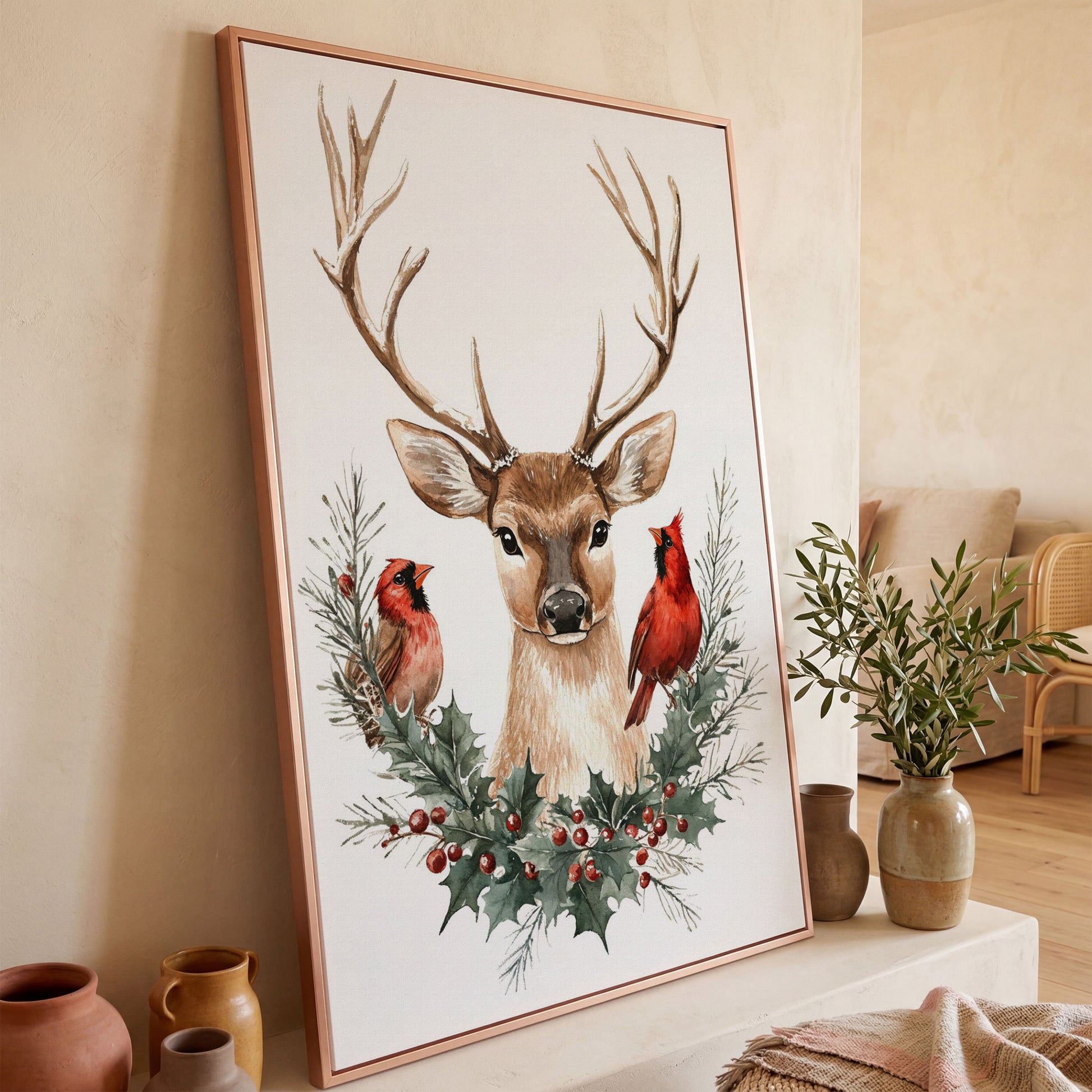 Reindeer with Red Cardinals Canvas Print in rose gold floating frame