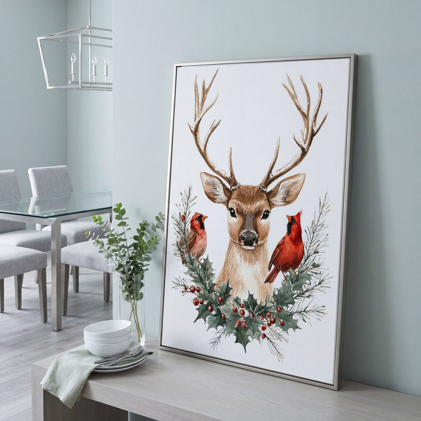 Reindeer with Red Cardinals Canvas Print in silver floating frame