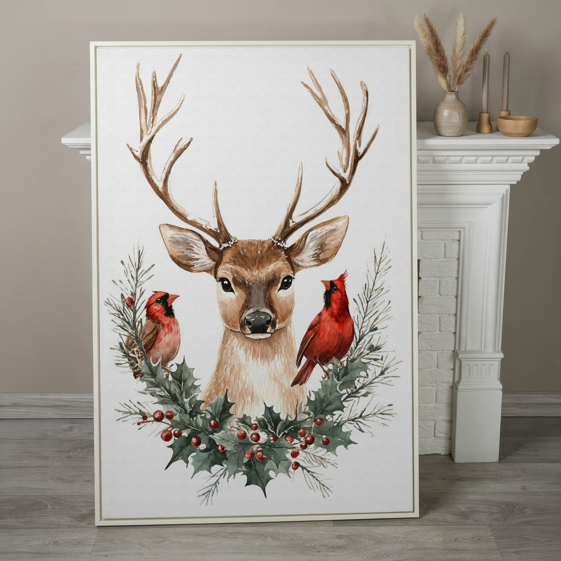Reindeer with Red Cardinals Canvas Print in white floating frame