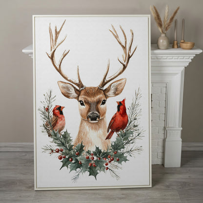 Reindeer with Red Cardinals Canvas Print in white floating frame