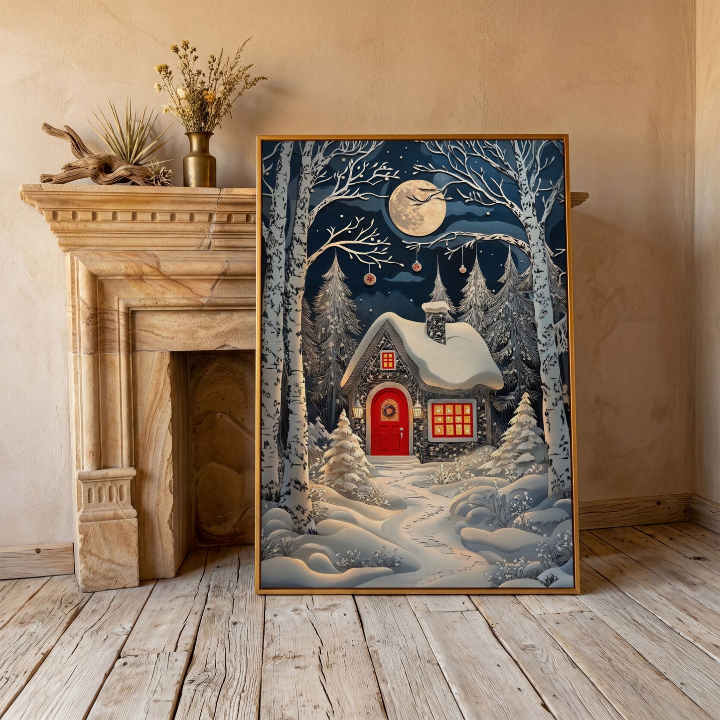 Cabin in Winter Forest Canvas Print in antique gold floating frame
