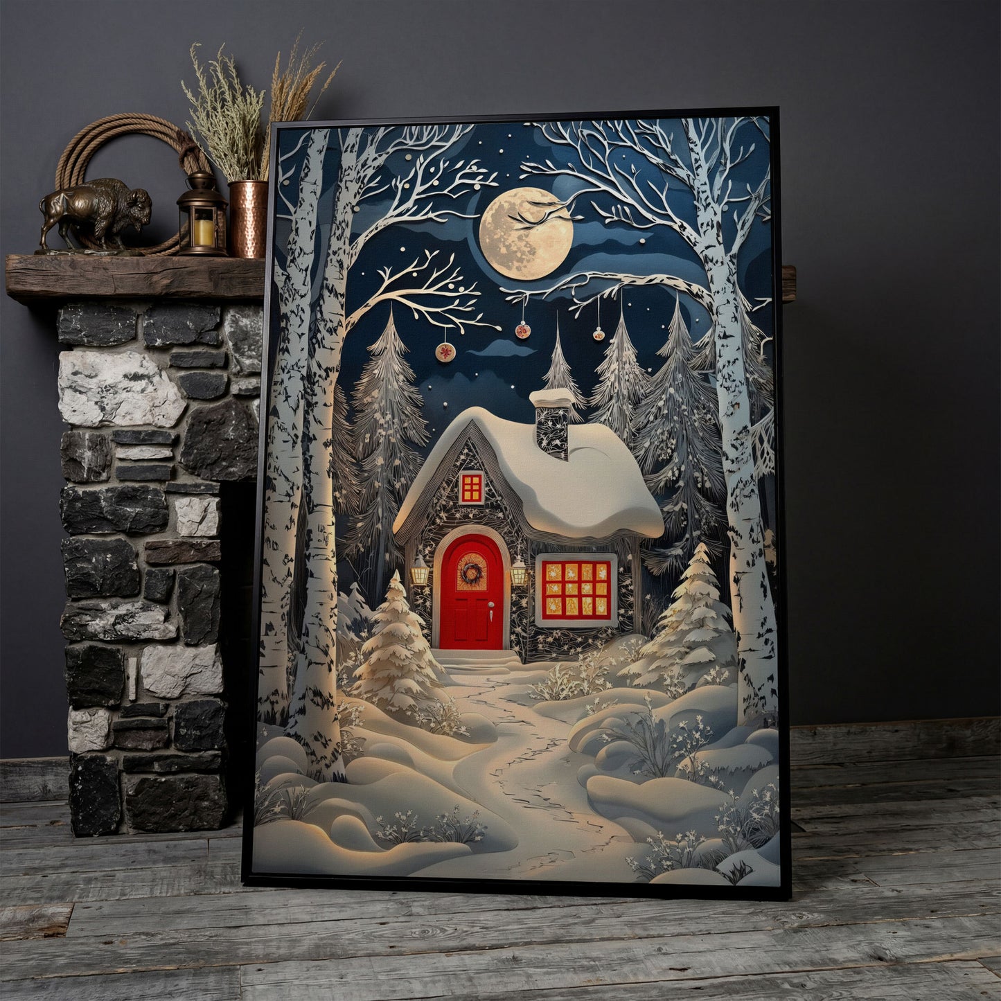 Cabin in Winter Forest Canvas Print in black floating frame