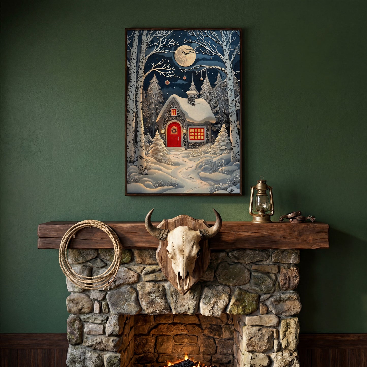 Cabin in Winter Forest Canvas Print in dark walnut floating frame