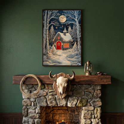 Cabin in Winter Forest Canvas Print in dark walnut floating frame