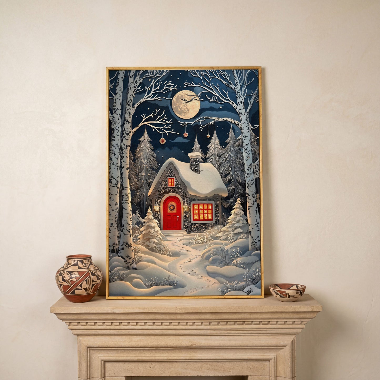 Cabin in Winter Forest Canvas Print in white oak floating frame