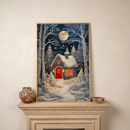 Cabin in Winter Forest Canvas Print in white oak floating frame