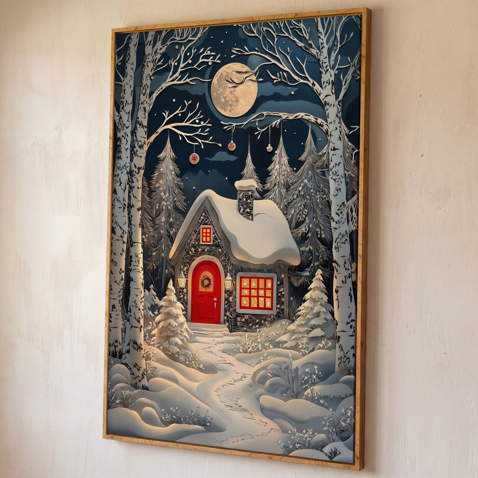 Cabin in Winter Forest Canvas Print shown in white oak floating frame