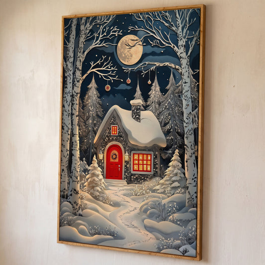 Cabin in Winter Forest Canvas Print shown in white oak floating frame
