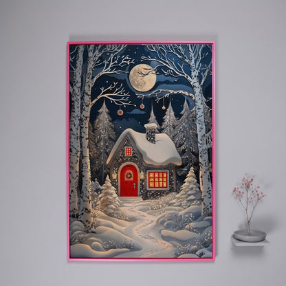 Cabin in Winter Forest Canvas Print in pink floating frame