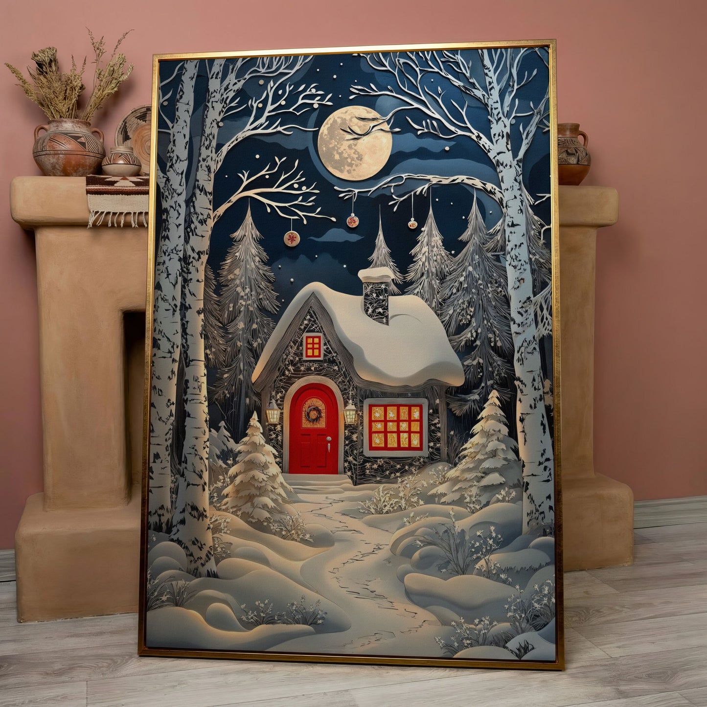 Cabin in Winter Forest Canvas Print in rose gold floating frame