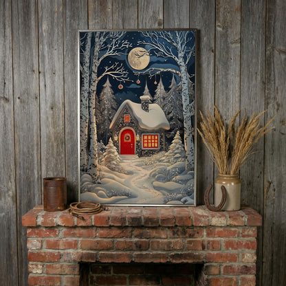 Cabin in Winter Forest Canvas Print in silver floating frame