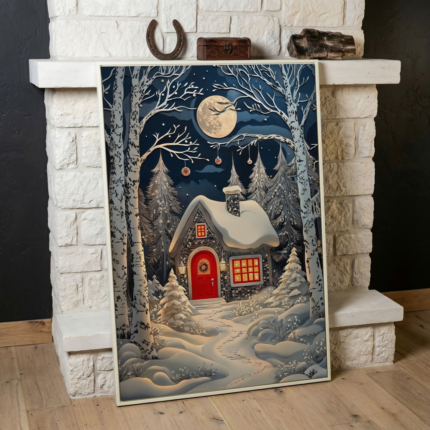 Cabin in Winter Forest Canvas Print in white floating frame