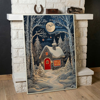 Cabin in Winter Forest Canvas Print in white floating frame