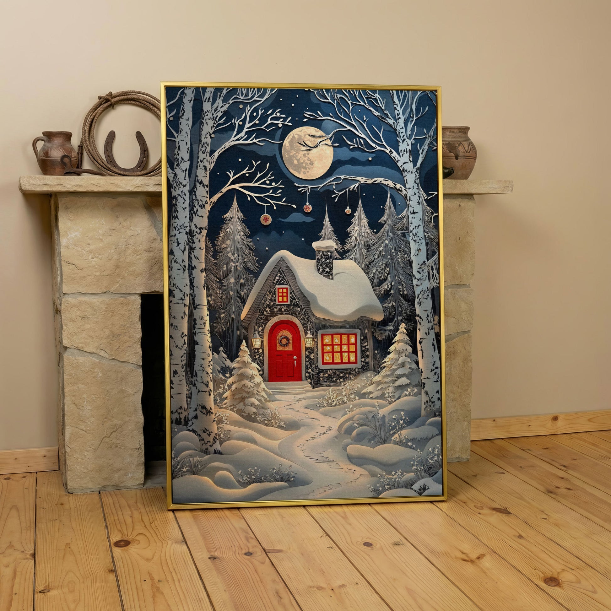 Cabin in Winter Forest Canvas Print in yellow gold floating frame