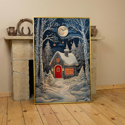 Cabin in Winter Forest Canvas Print in yellow gold floating frame