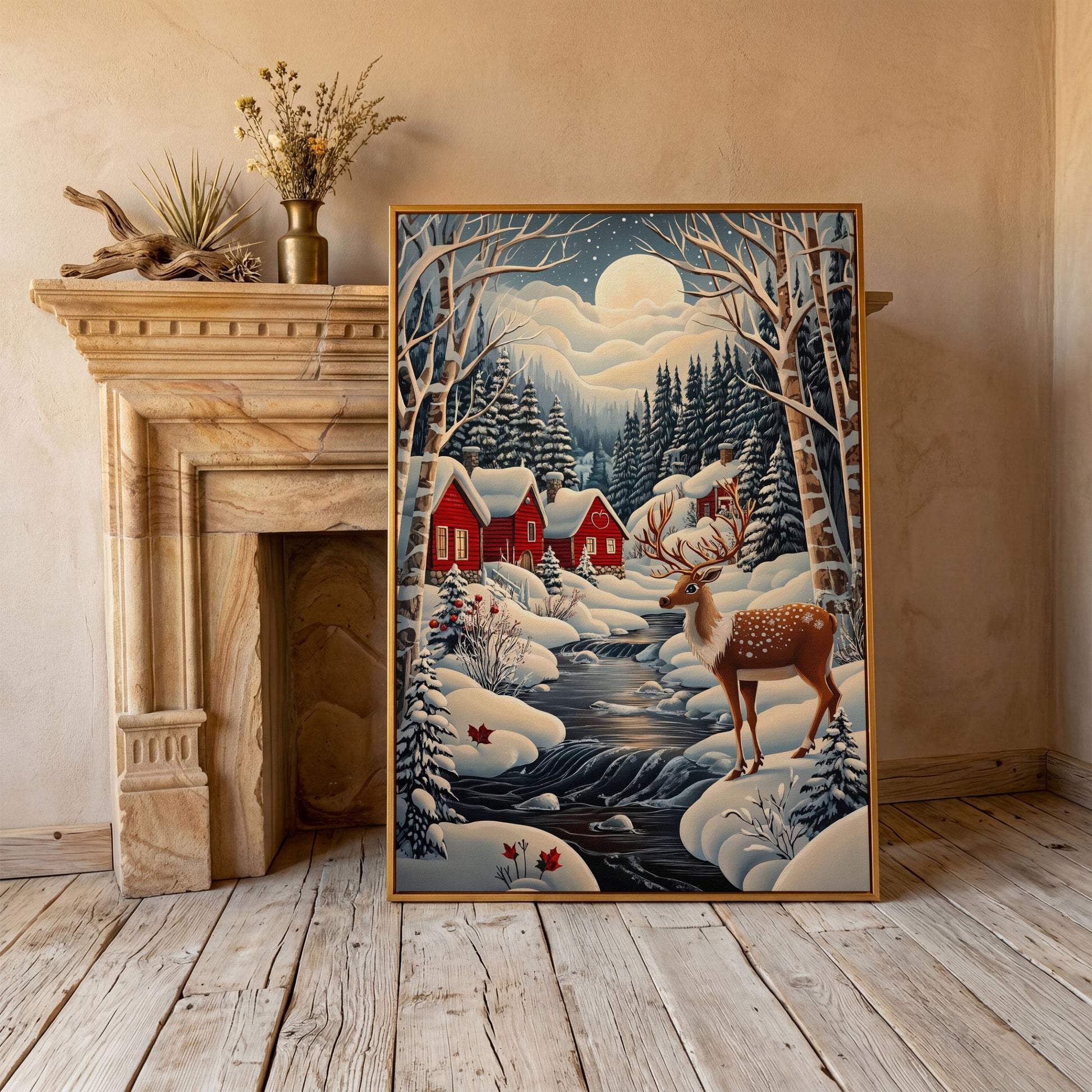 Forest Village with Deer Winter Landscape Canvas in antique gold floating frame