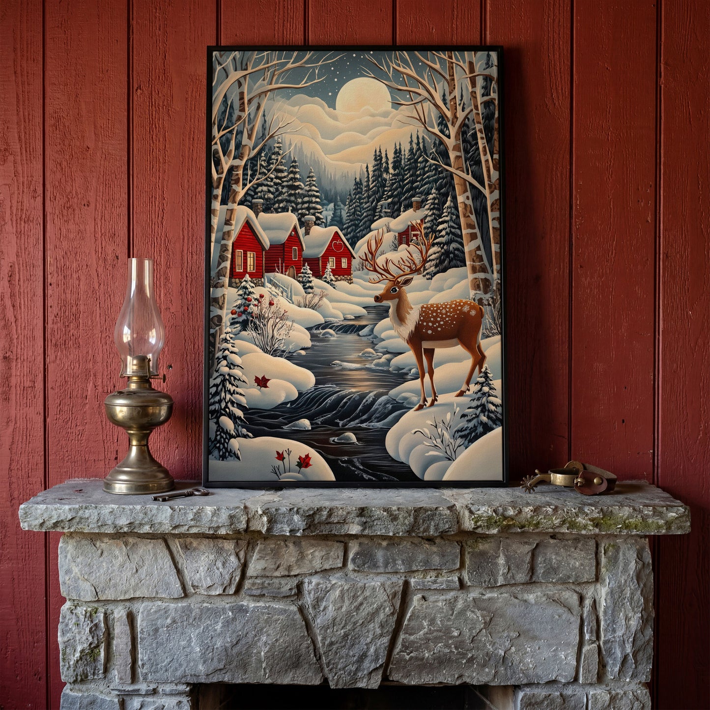 Forest Village with Deer Winter Landscape Canvas in black floating frame