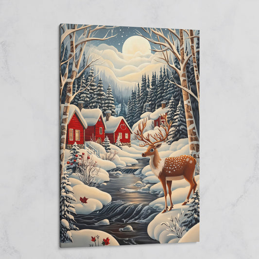Forest Village with Deer Winter Landscape Canvas on gallery wrap