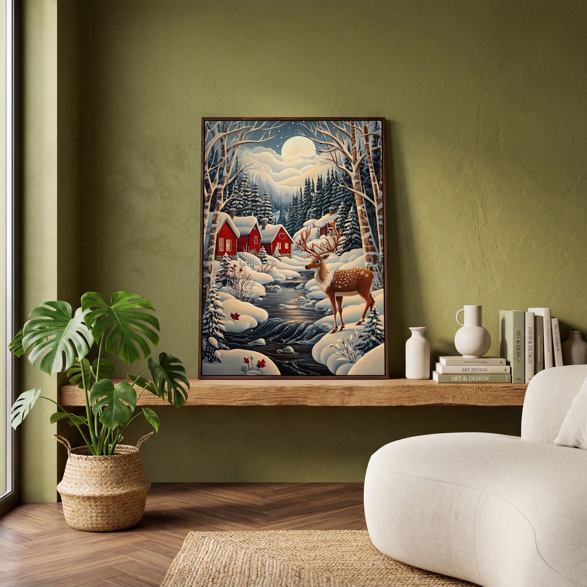 Forest Village with Deer Winter Landscape Canvas in dark walnut floating frame