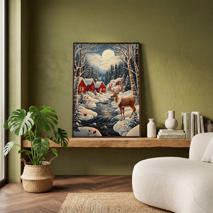 Forest Village with Deer Winter Landscape Canvas in dark walnut floating frame