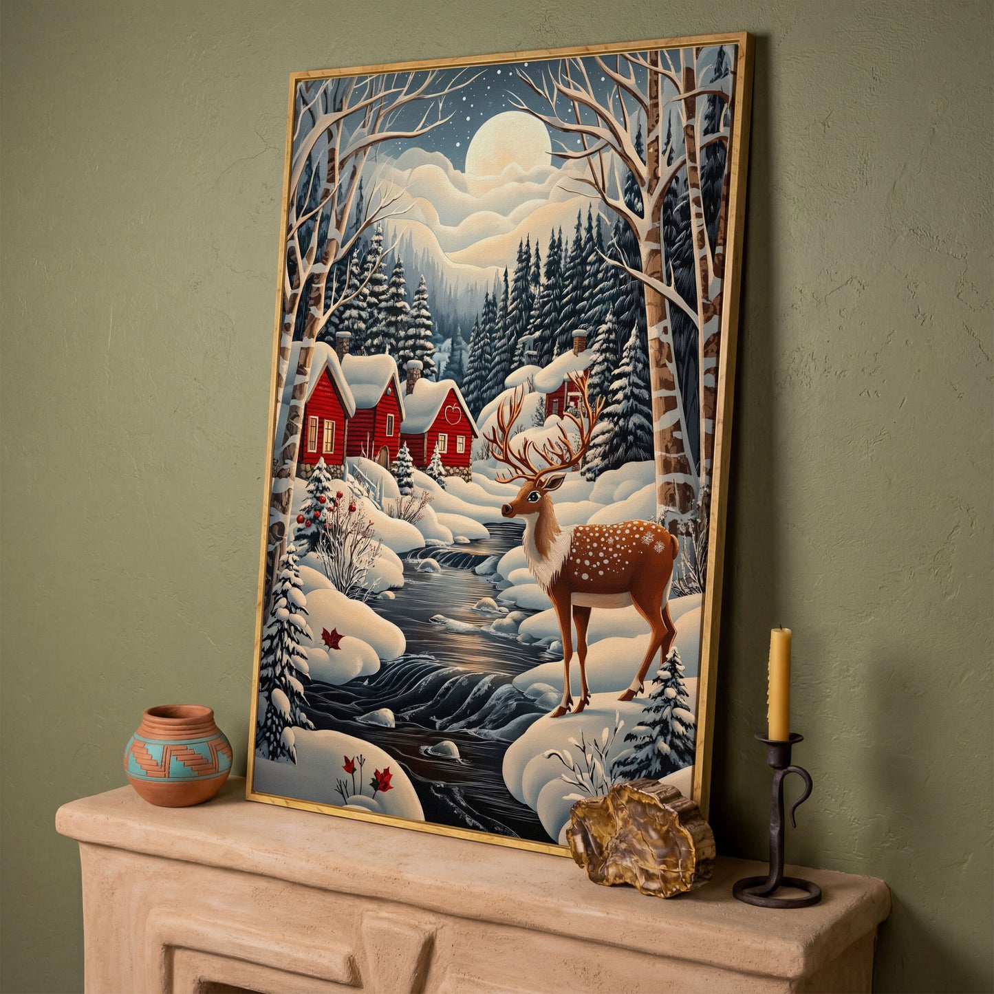 Forest Village with Deer Winter Landscape Canvas in white oak floating frame