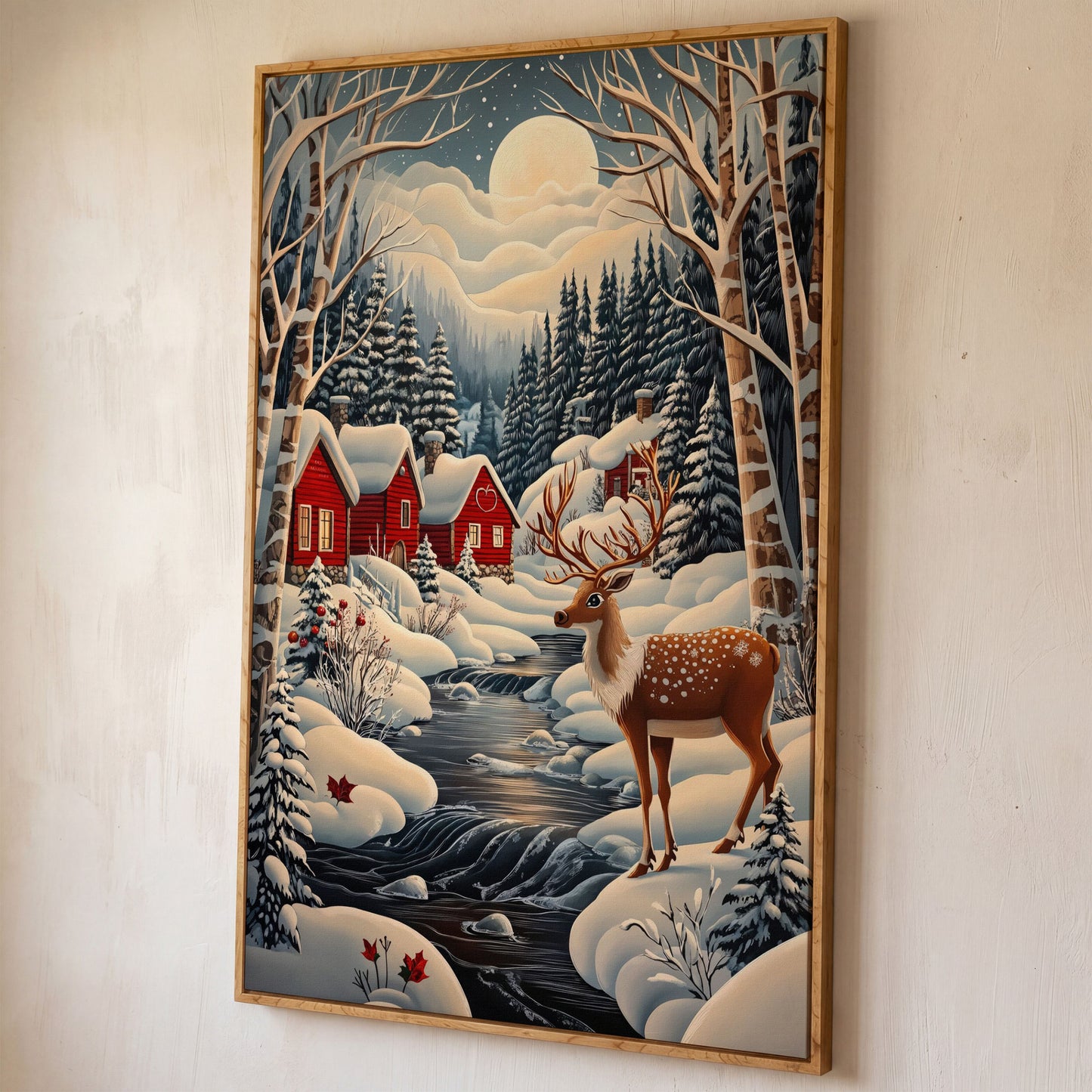 Forest Village with Deer Winter Landscape Canvas shown in white oak floating frame