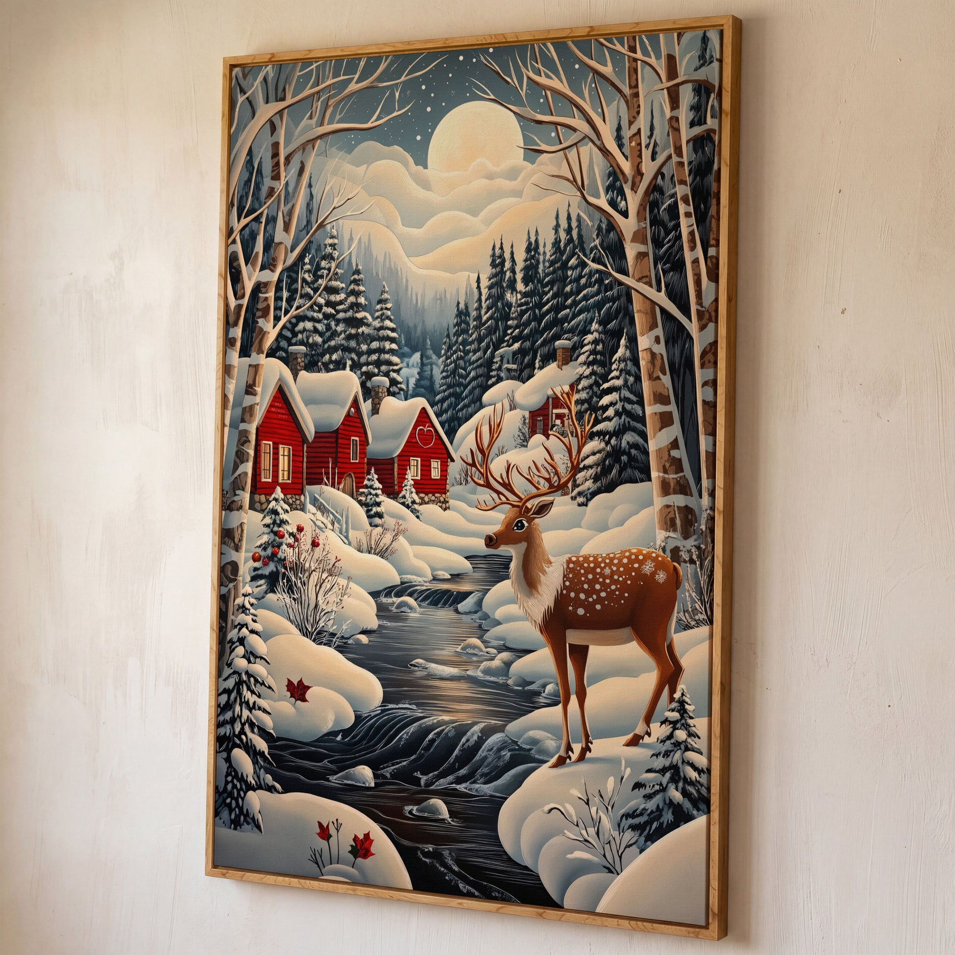 Forest Village with Deer Winter Landscape Canvas shown in white oak floating frame