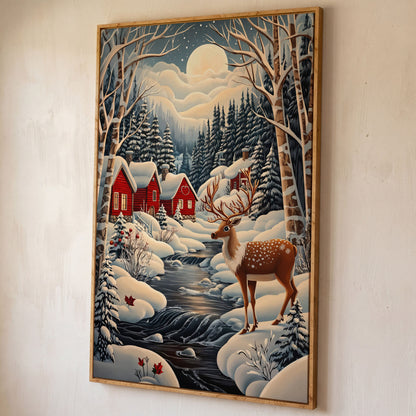 Forest Village with Deer Winter Landscape Canvas shown in white oak floating frame