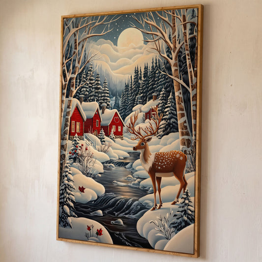 Forest Village with Deer Winter Landscape Canvas shown in white oak floating frame