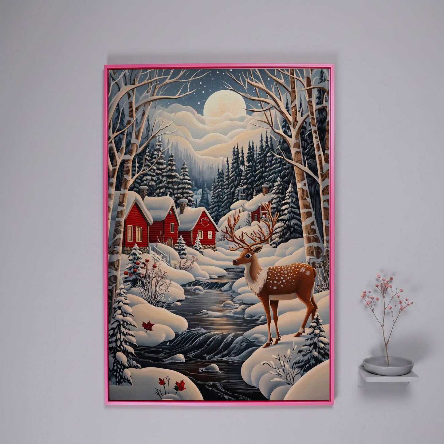 Forest Village with Deer Winter Landscape Canvas in pink floating frame