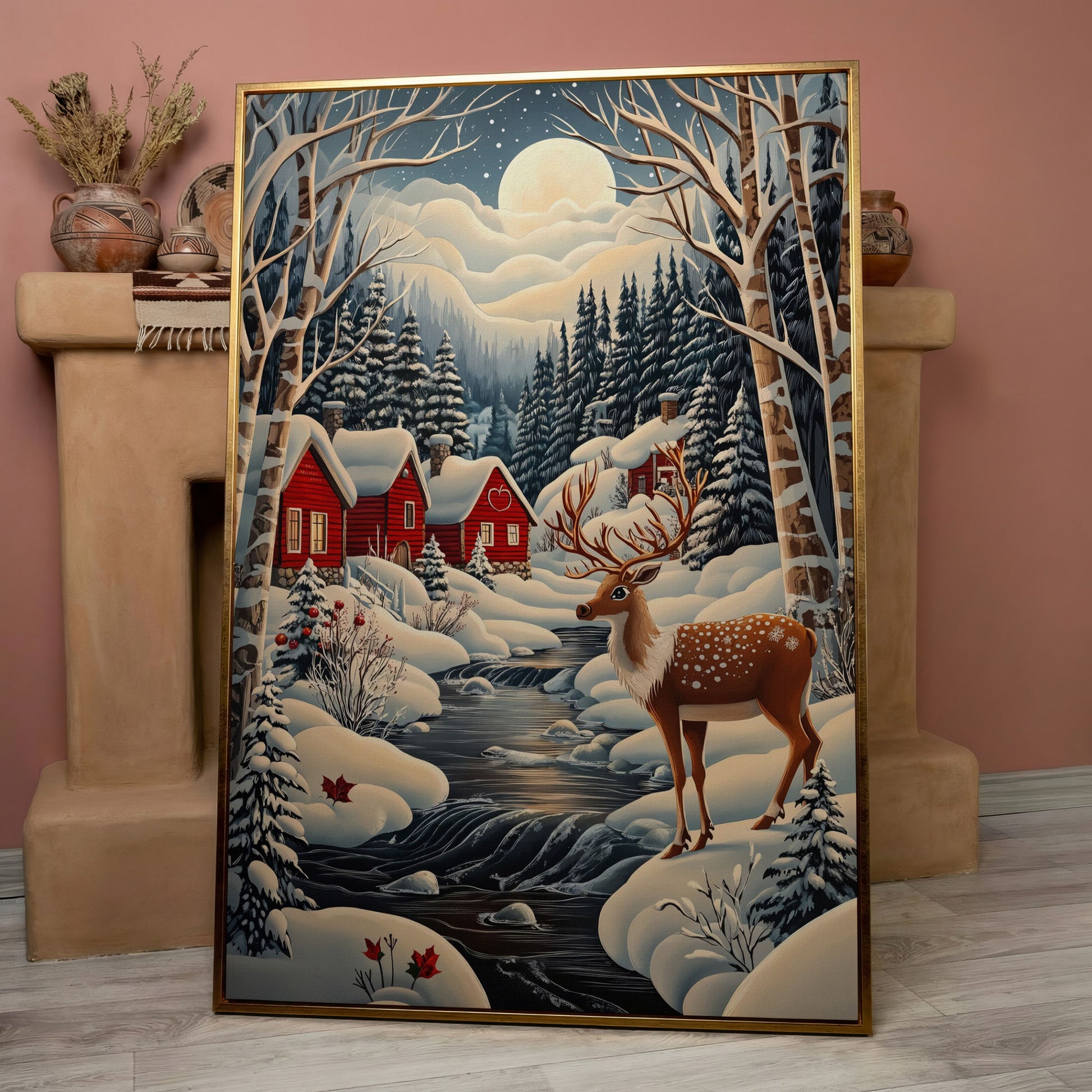 Forest Village with Deer Winter Landscape Canvas in rose gold floating frame