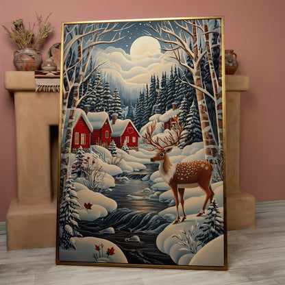 Forest Village with Deer Winter Landscape Canvas in rose gold floating frame